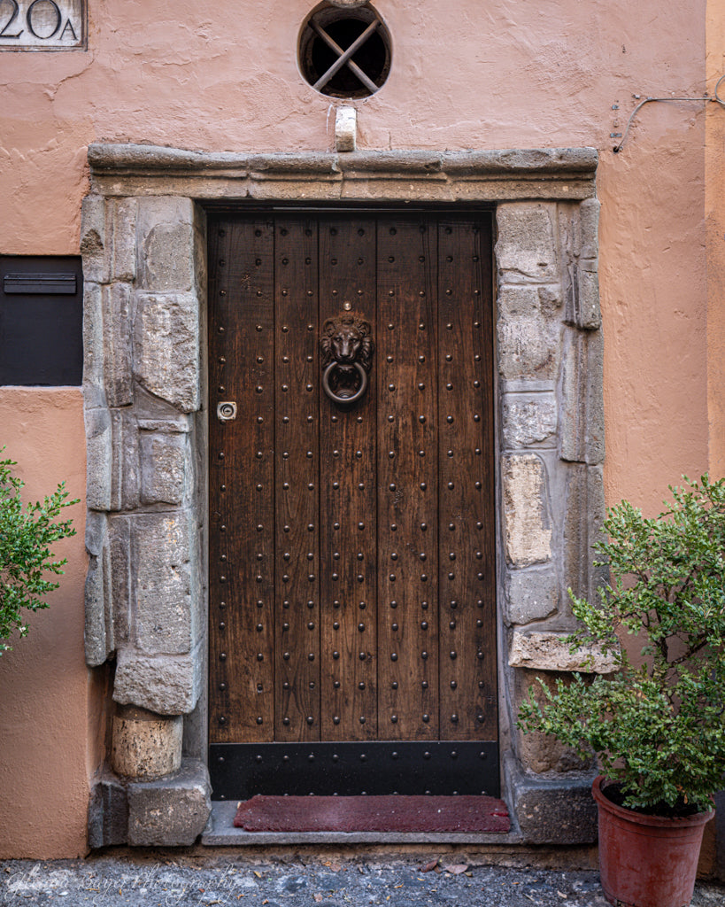 Old wooden door framed with stone