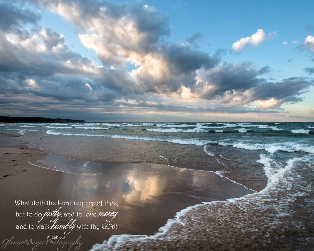 Waves across beach on Lake Michigan with scripture verse