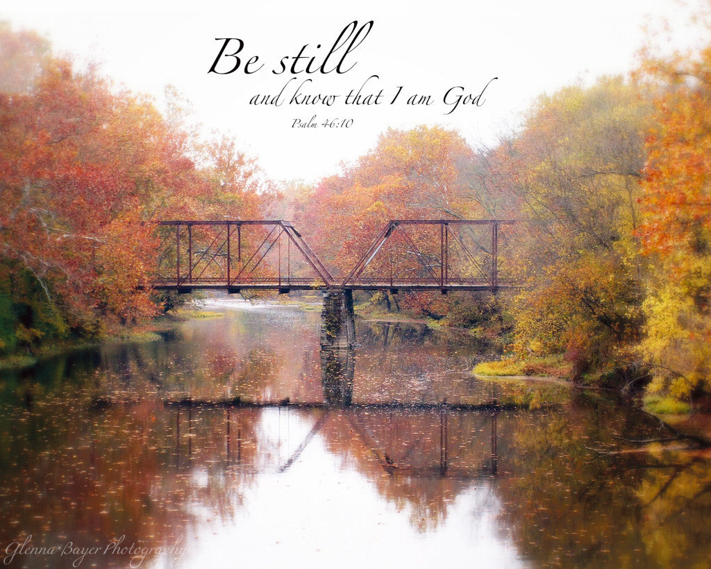 Old Falknor Road Bridge across Stillwater River in Autumn with scripture verse
