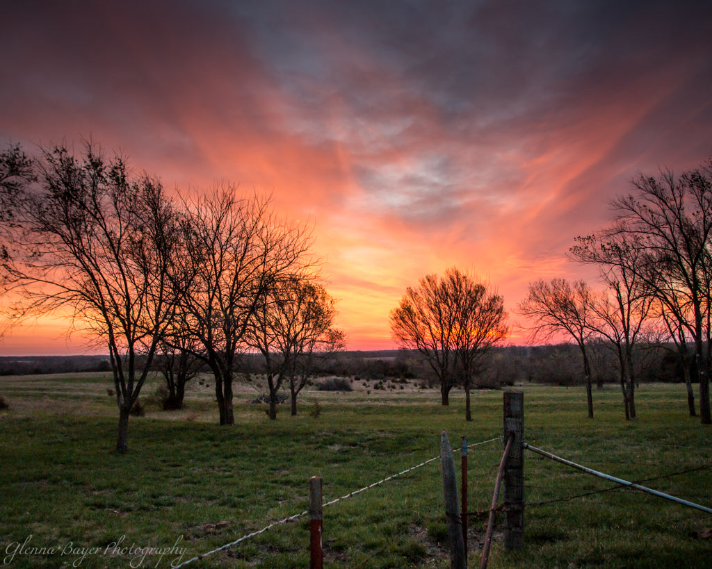 Beautiful pink and yellow sunrise over Kansas landscape