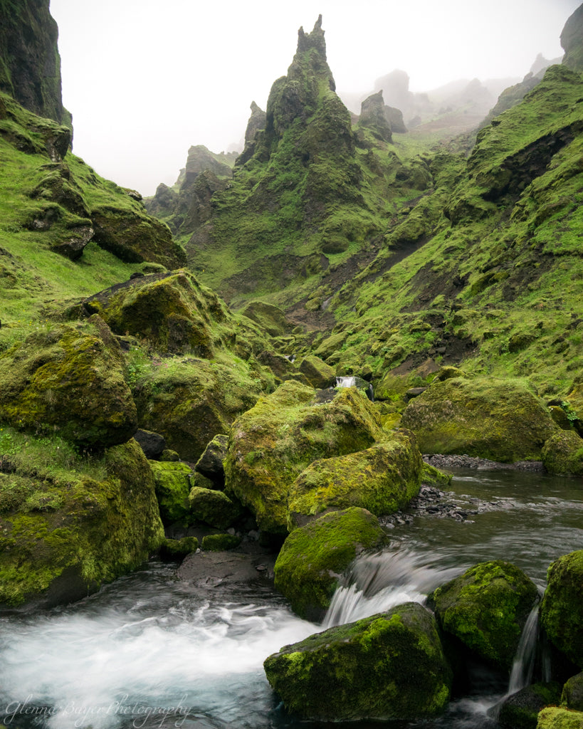 Icelandic mountains and stream at Thakgil campground in vin, Iceland