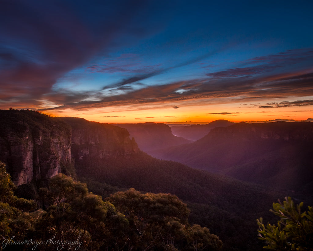 Orange sunrise over the Blue Mountains in Australia