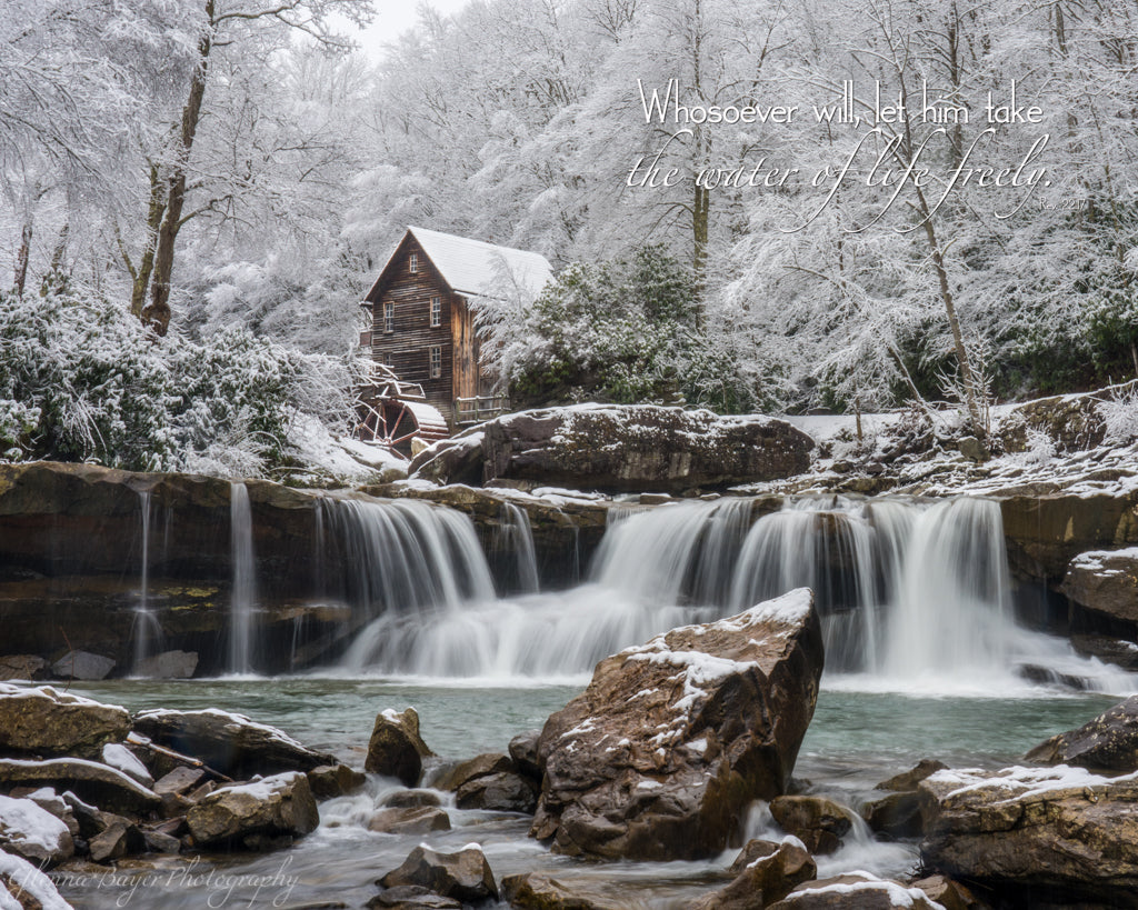 Glade Creek Mill on a winter day in Babcock State Park, West Virginia with scripture verse