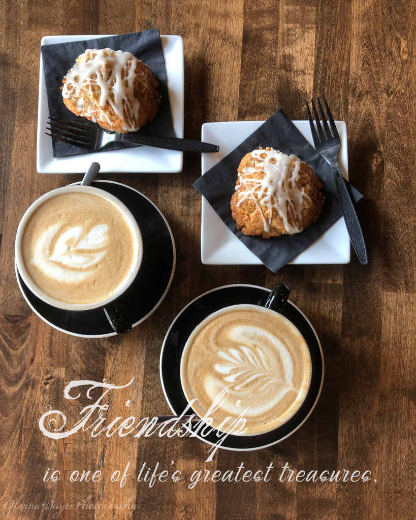 Coffee lattes and breakfast treat with friendship quote