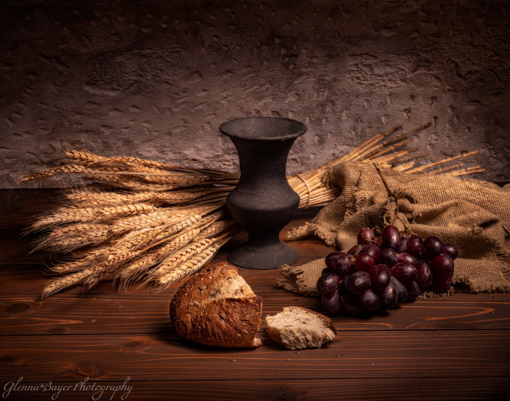 still life of bread, wheat, and grapes