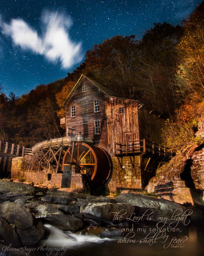 Glade Creek Mill at night with stars in West Virginia with scripture verse