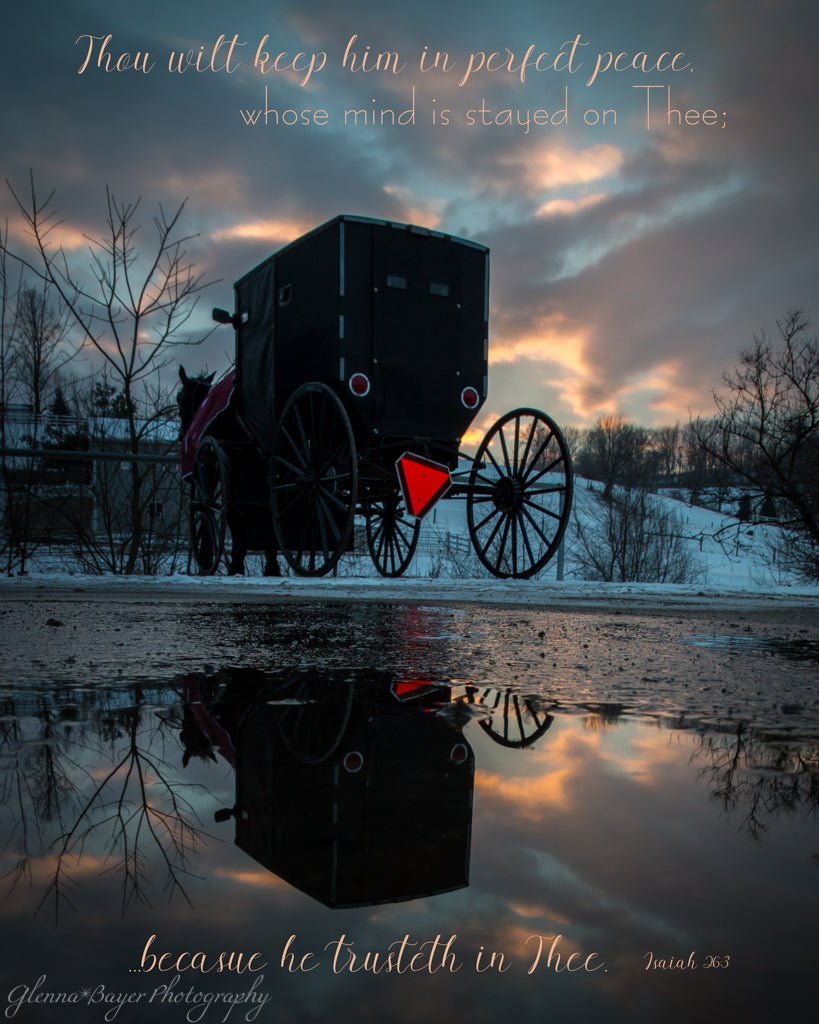 Amish horse and buggy at sunset with blue clouds and sky, and scripture verse.