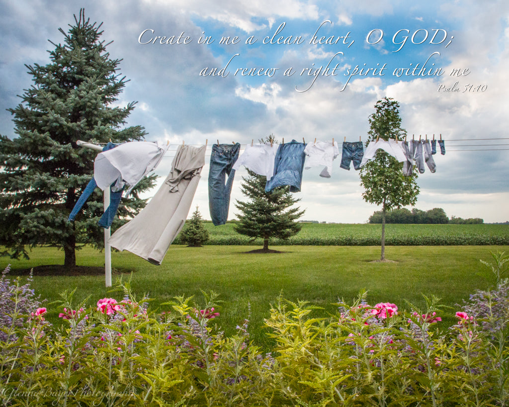 Dress, jeans, and shirts on Clothesline with spring flowers and scripture verse