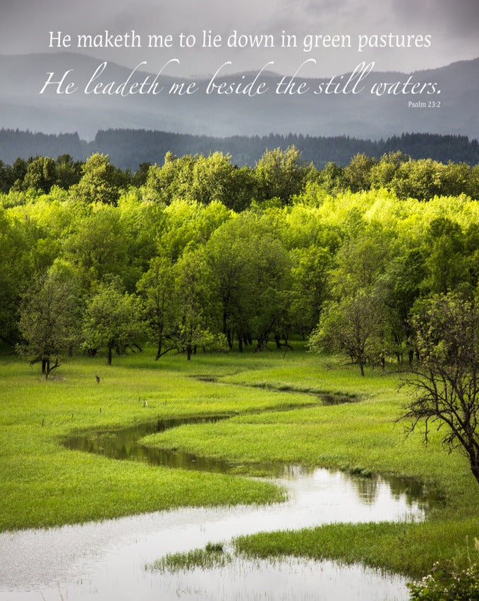 Stream through green meadow in Columbia Gorge Valley, Oregon with scripture verse