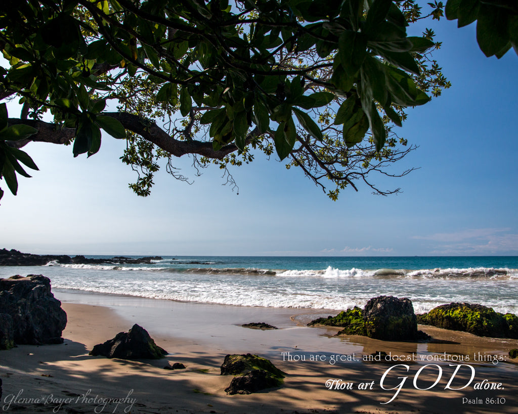 Hawaii rocky beach and ocean with scripture verse