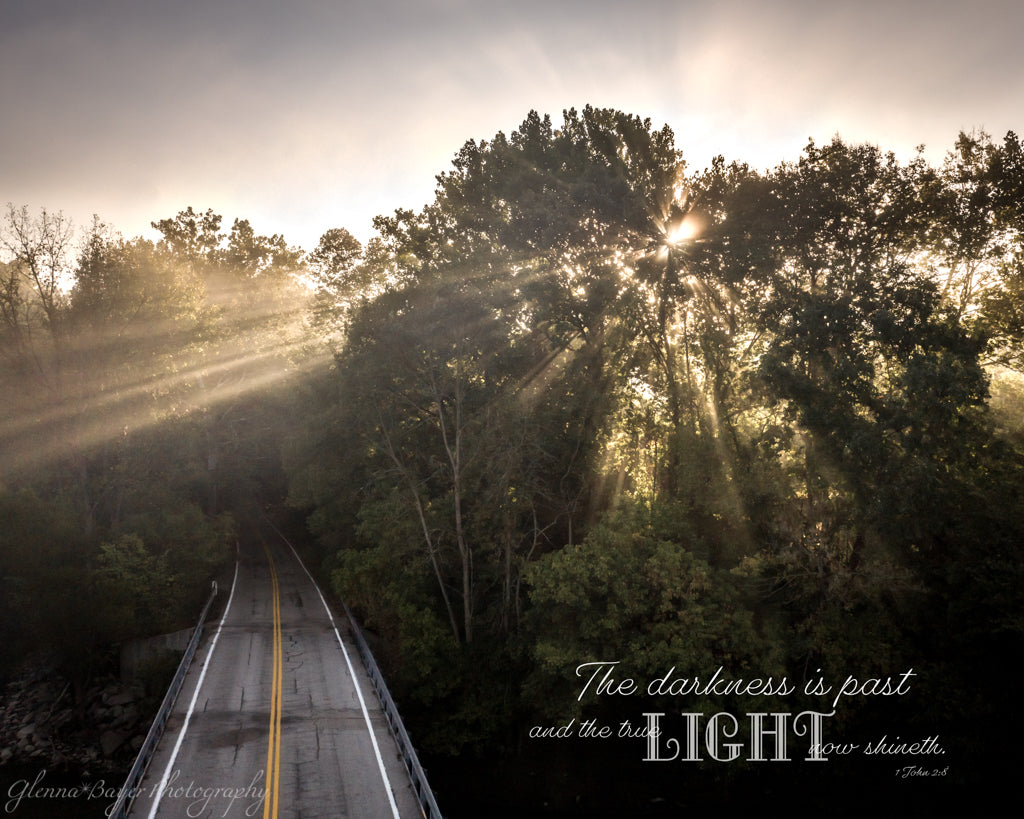 Arial of road going into woods and light shining through trees