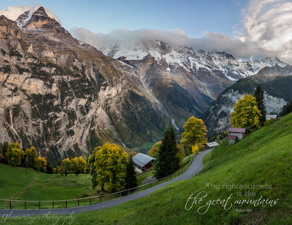 steep green hillside with the swiss alps mountains in background