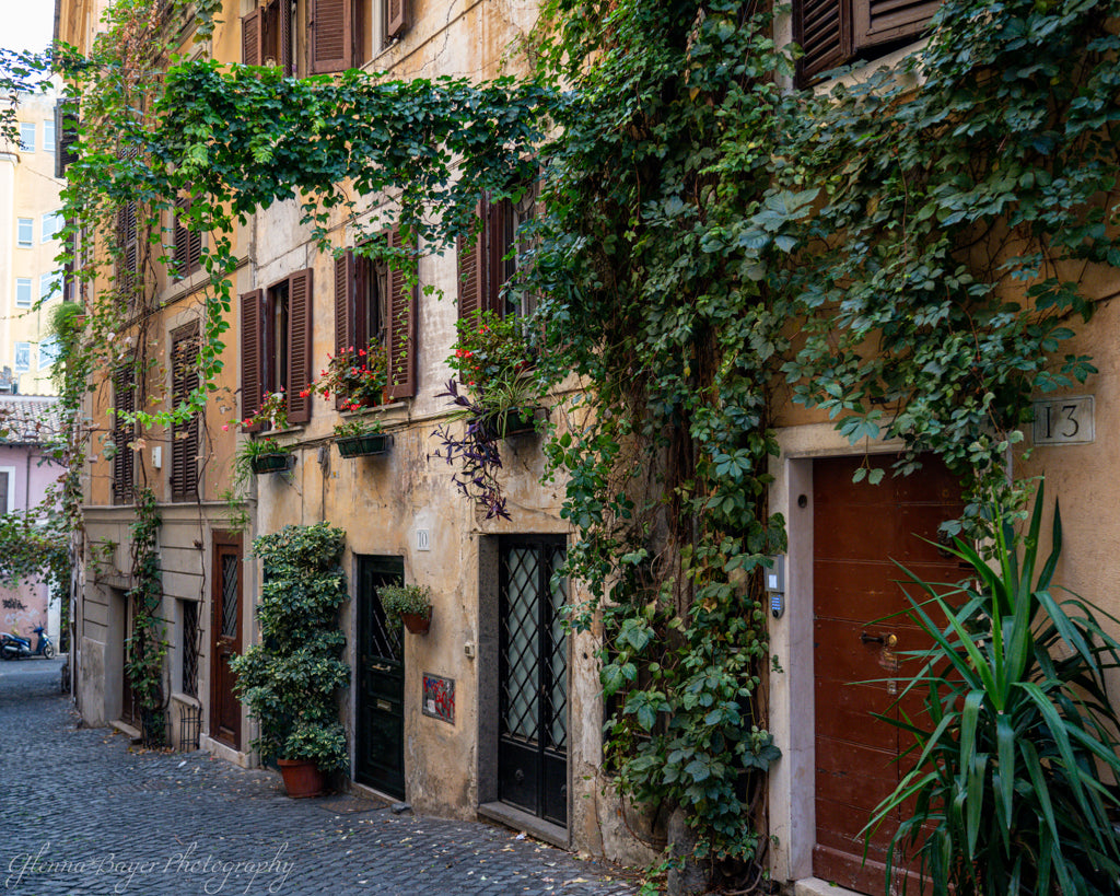 Street scene with ivy growing on buildings