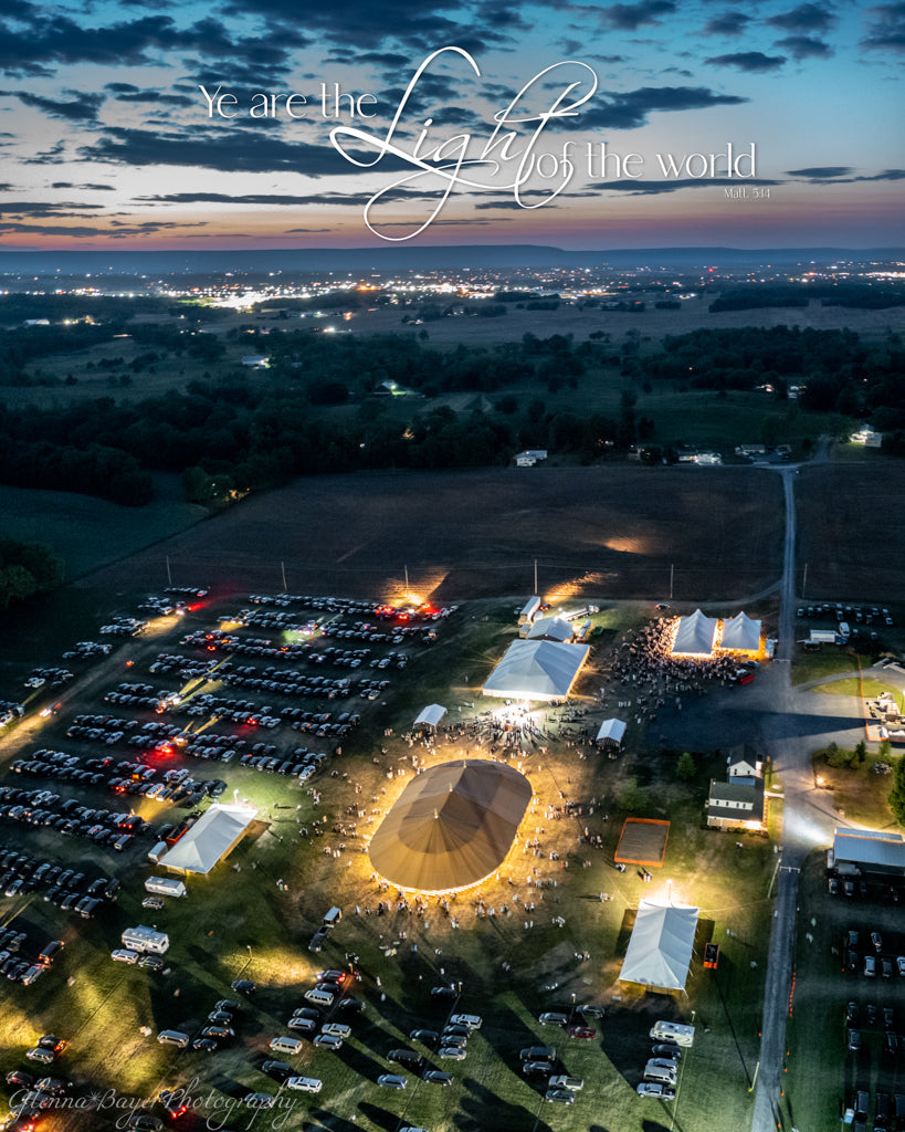 arial view of large church gathering under tent