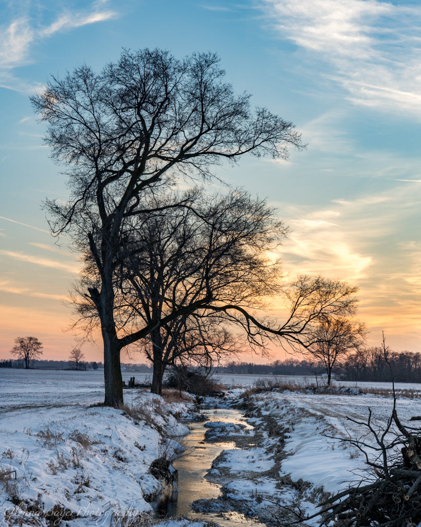 small stream in winter during sunset
