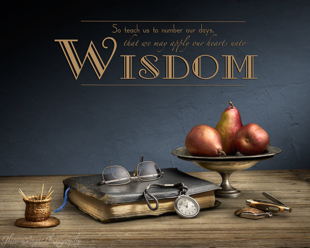 Still life of bible, glasses, and fruit