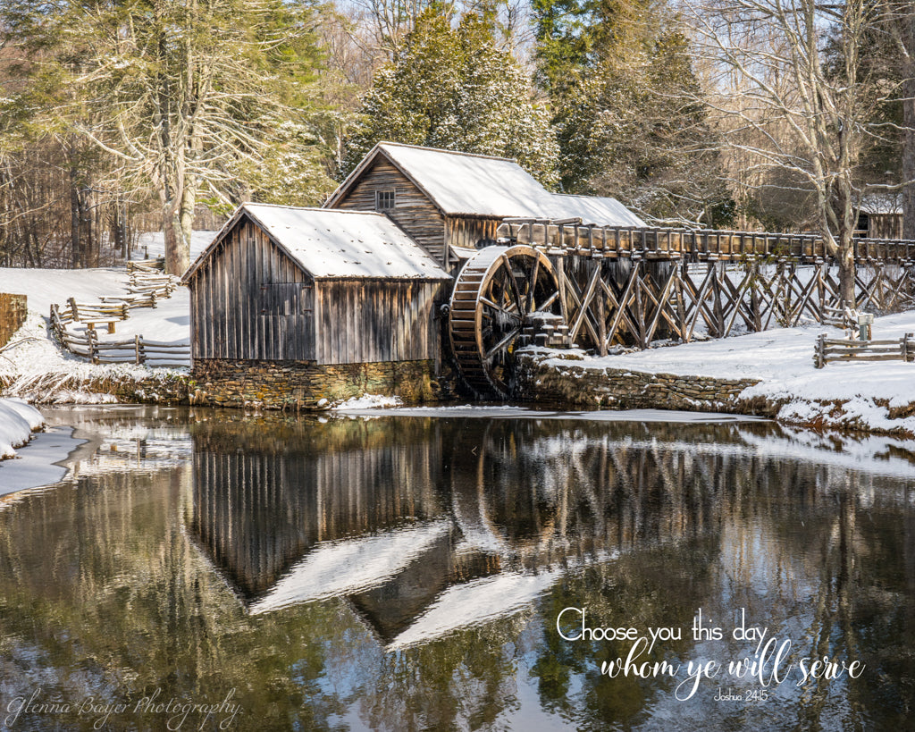 mabry mill with snow and water reflection