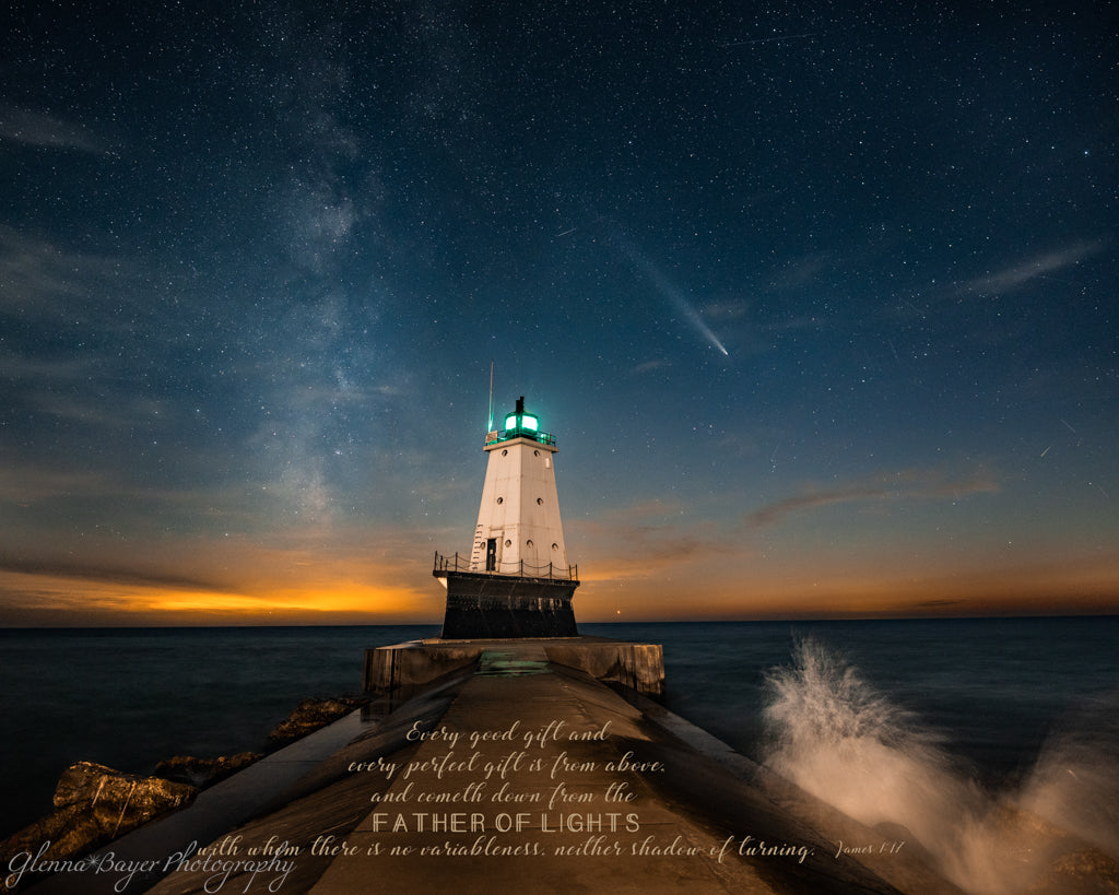 Comet, Milky Way, and lighthouse at Ludington, MI 