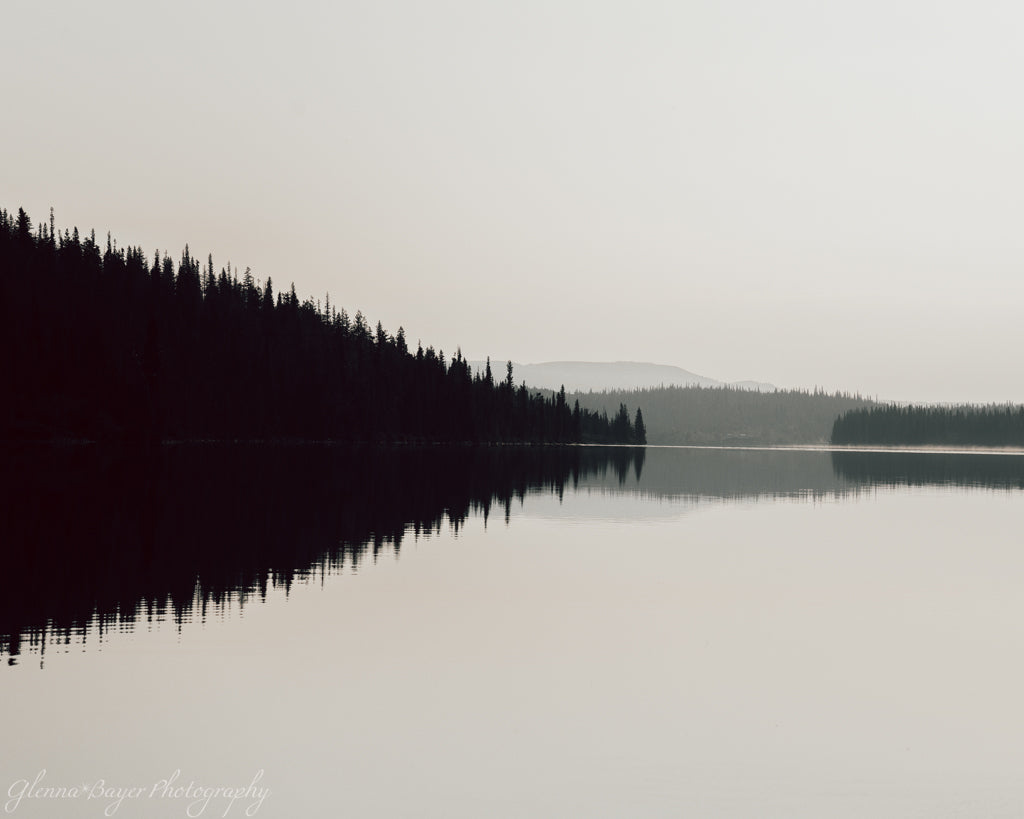 Black and white photo of lake and reflection