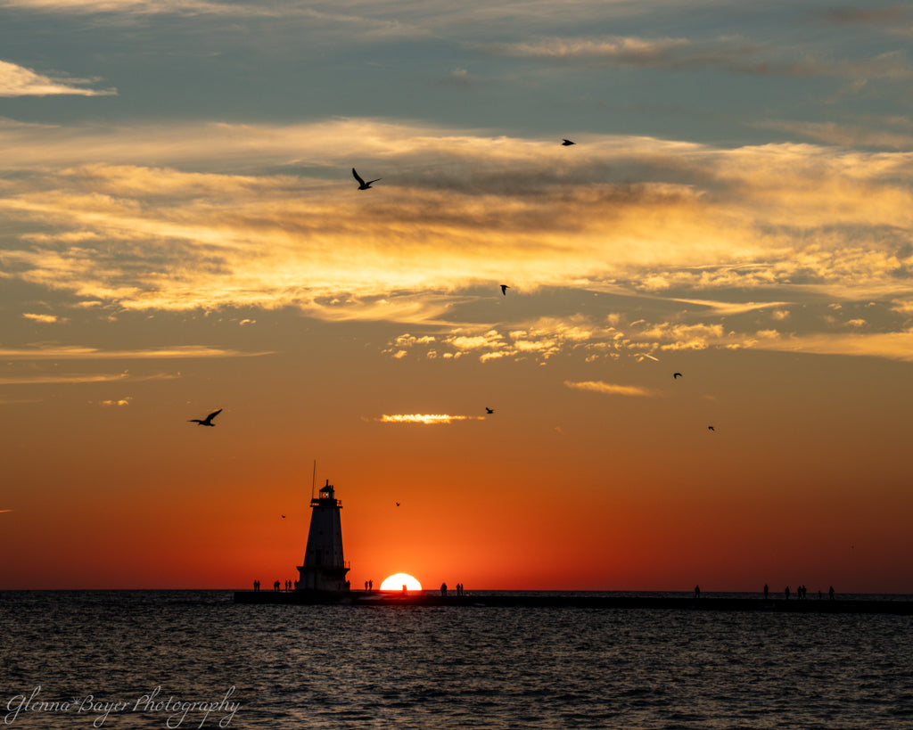 silhouette of birds and lighthouse over lake