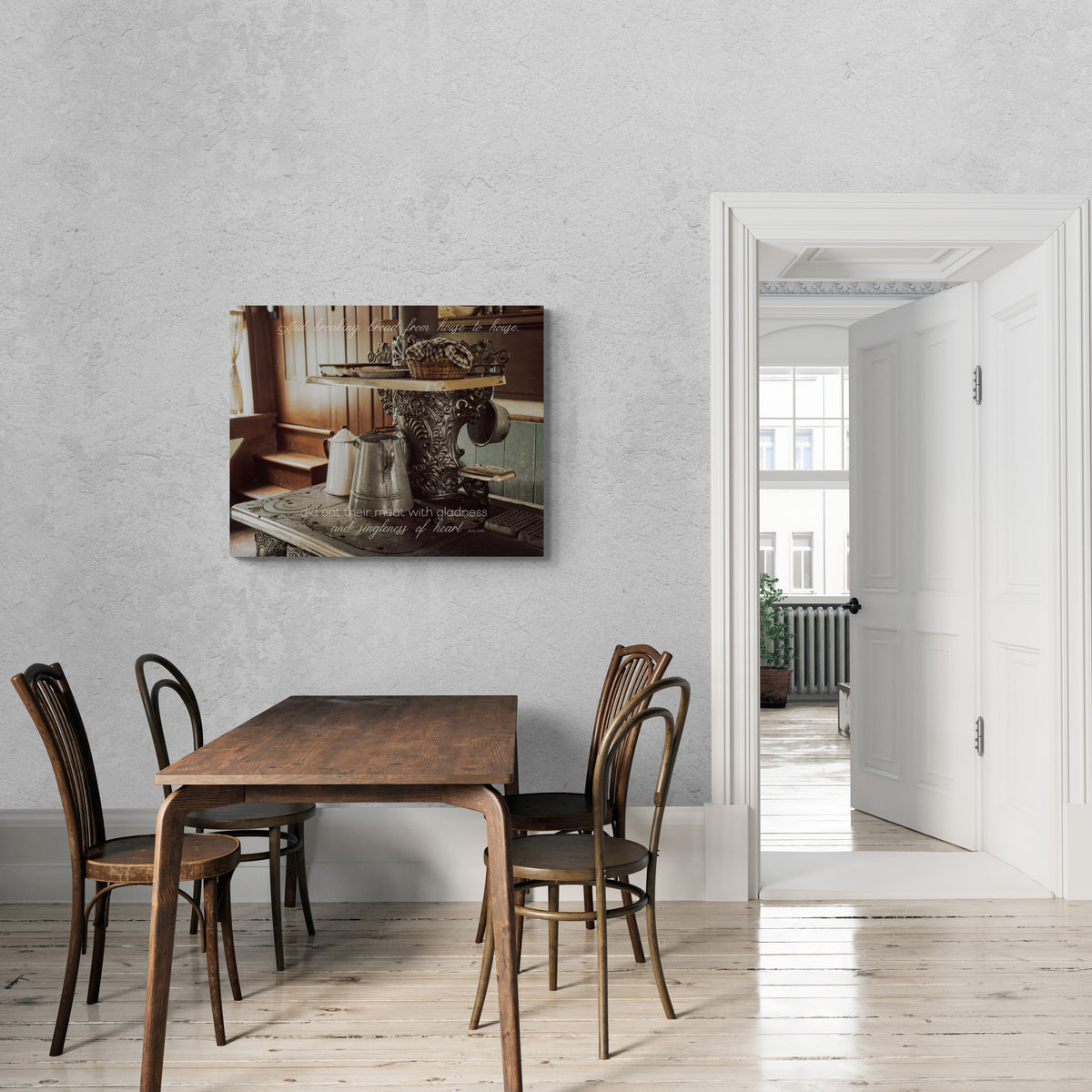 print displayed on wall in kitchen