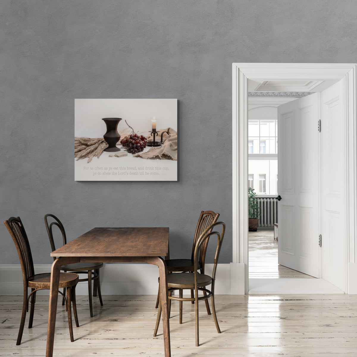 print displayed on wall in kitchen