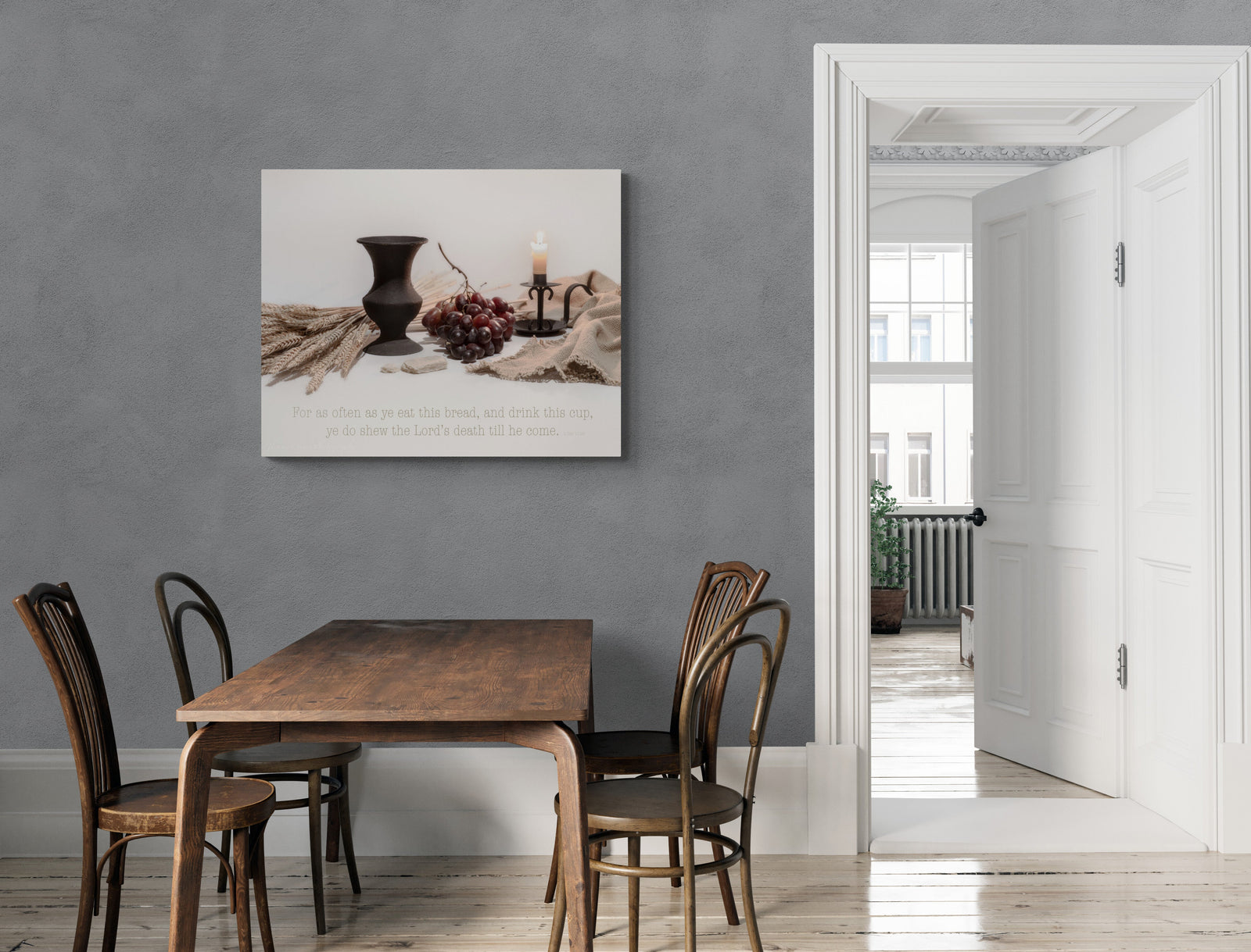 print displayed on wall in kitchen