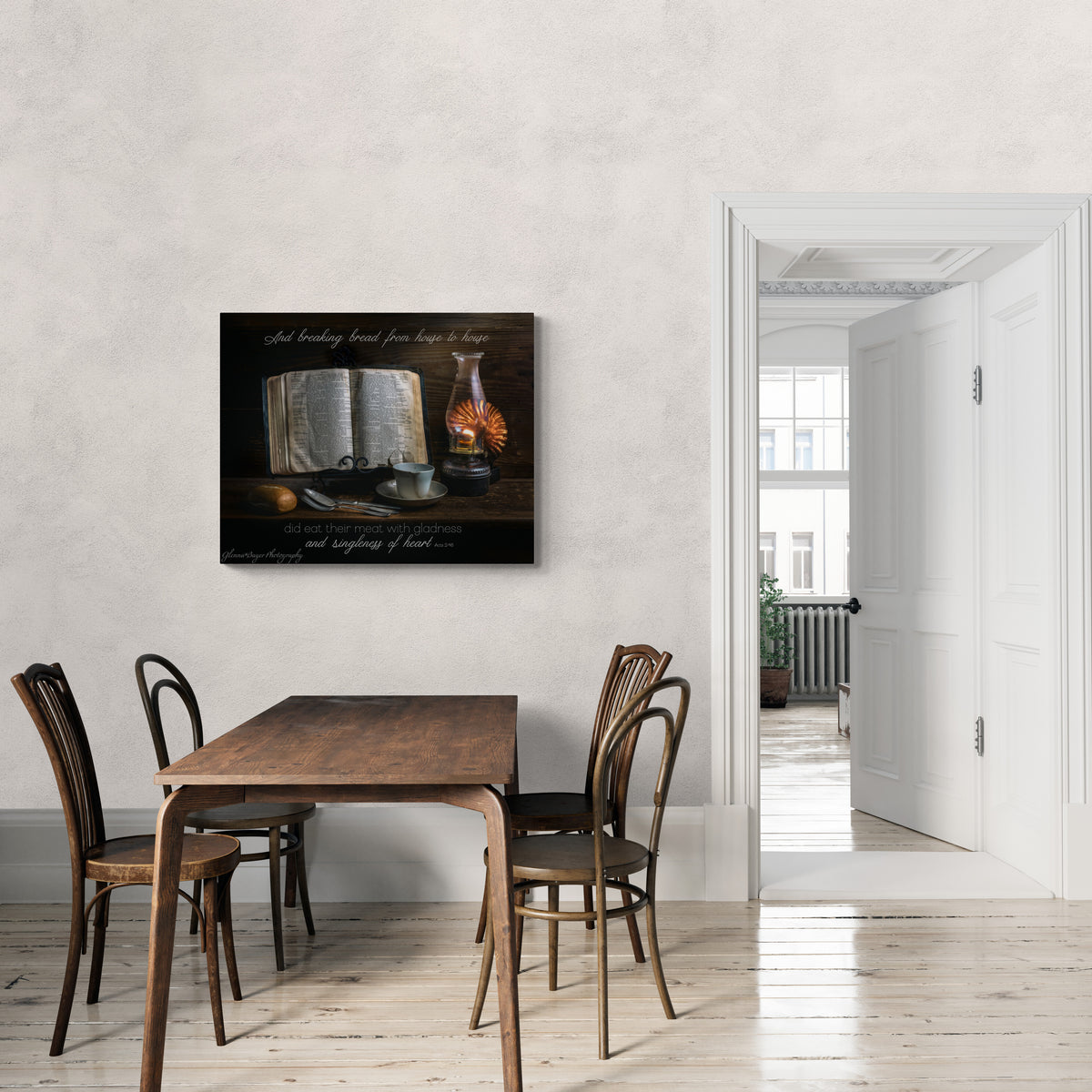 print displayed on wall in kitchen