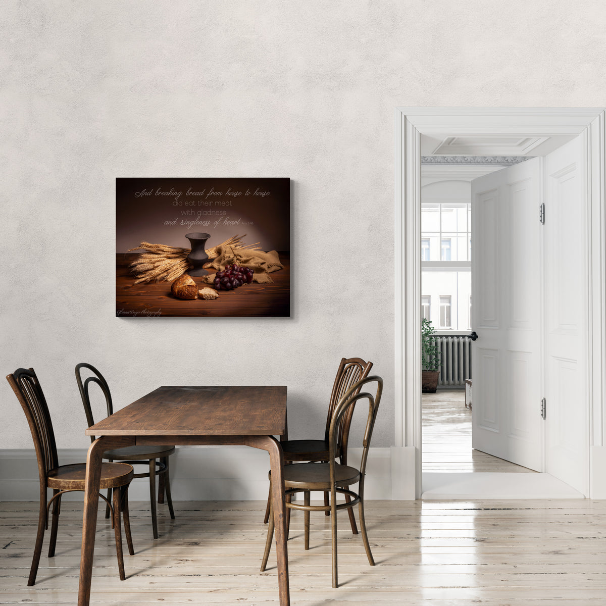 print displayed on wall in kitchen