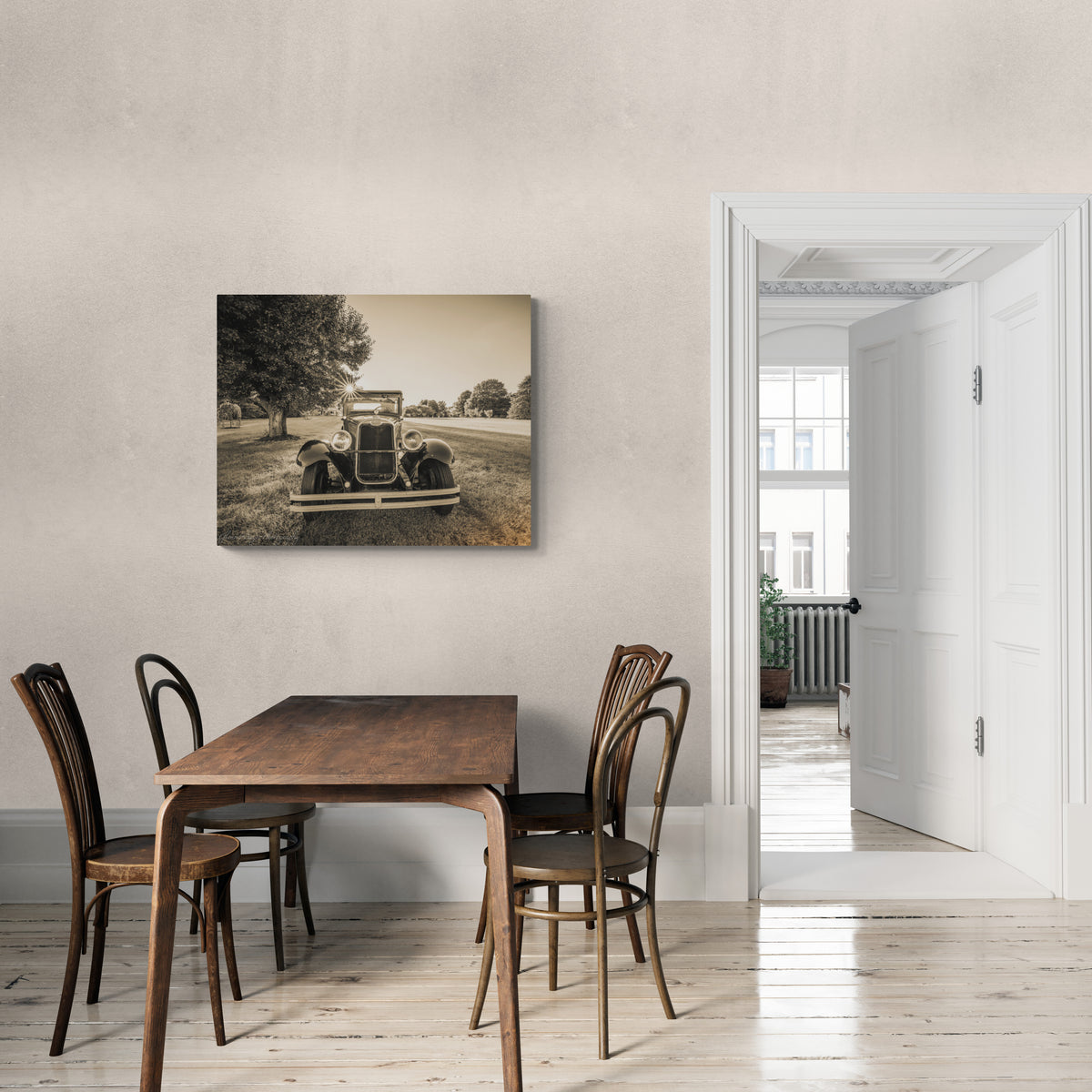 print displayed on wall in kitchen