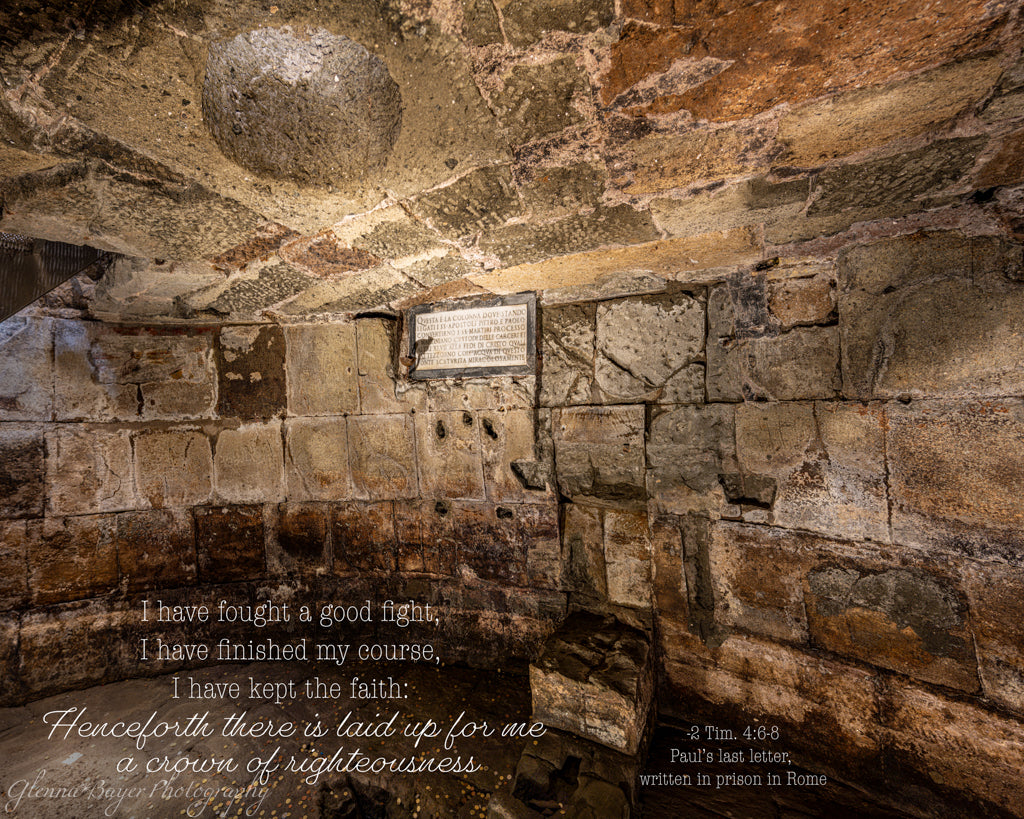 Stone walled prison in Rome with a Bible verse