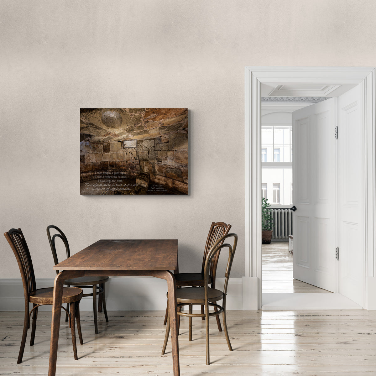 print displayed on wall in kitchen