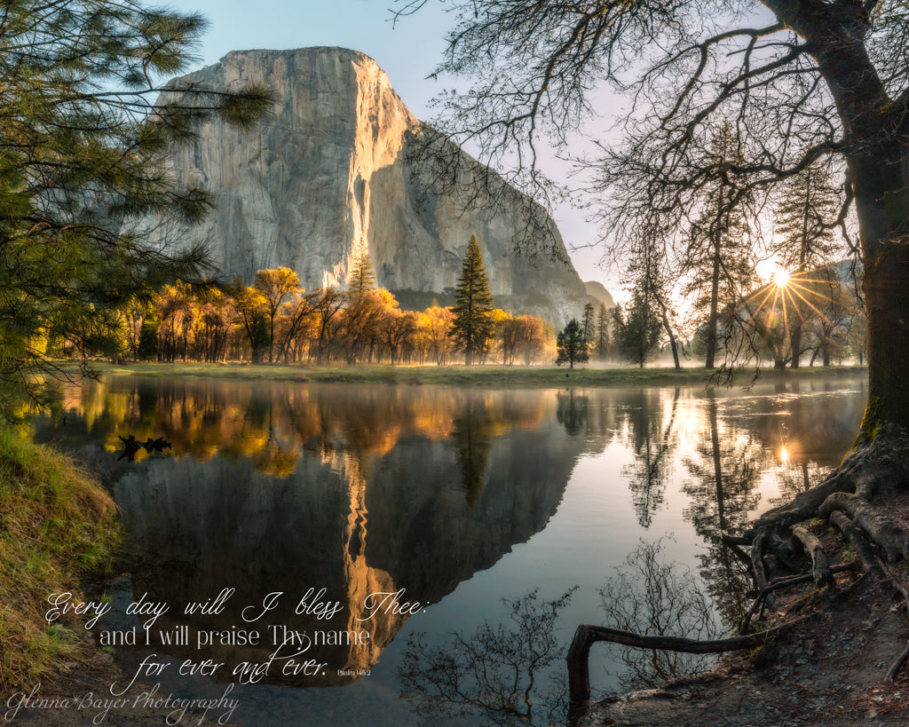Rock Mountain in Yosemite reflected in a lake with trees and a Bible verse at the bottom
