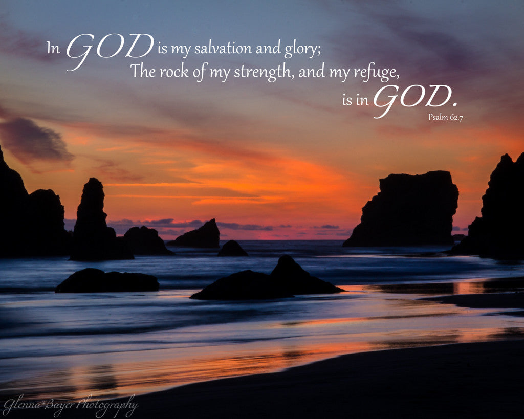 A blue, orange sunset at Bandon Beach in Oregon with scripture verse.