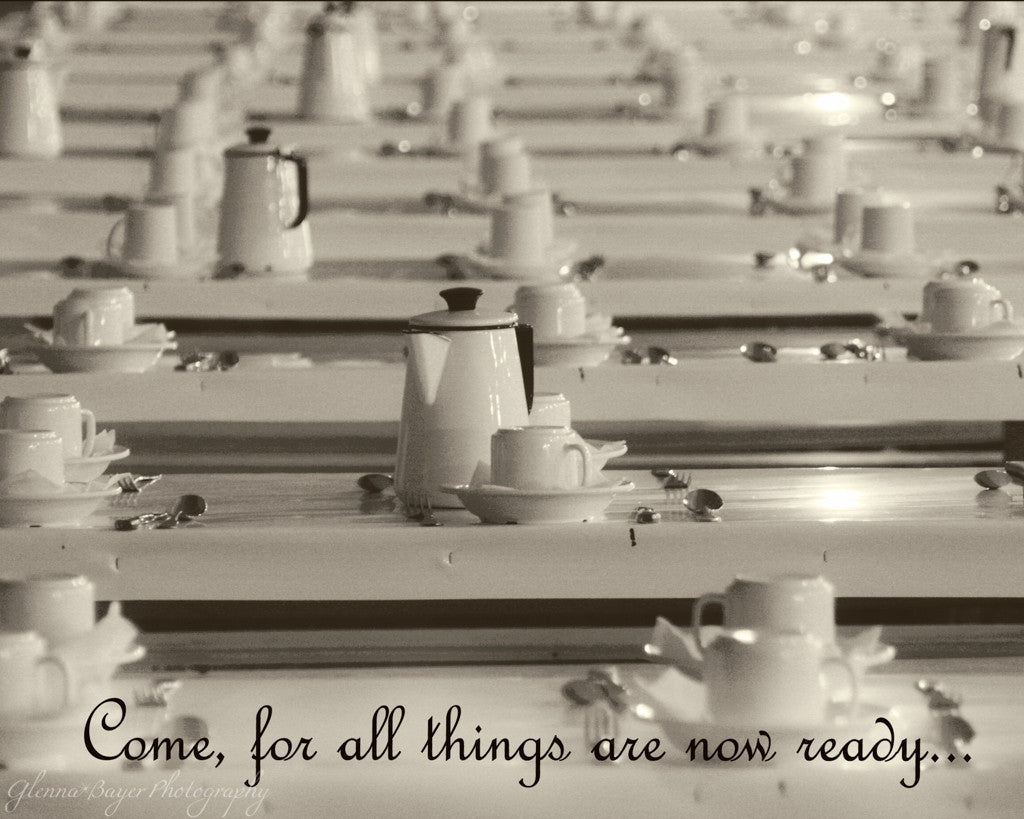 Old German Baptist Brethren Church at Annual Meeting. Tables set with coffee pots and teacups.