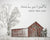Old red barn in a snow storm with scripture verse