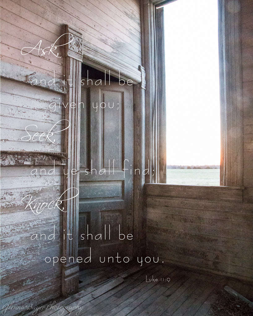 Old wooden school house door in Kansas with scripture verse