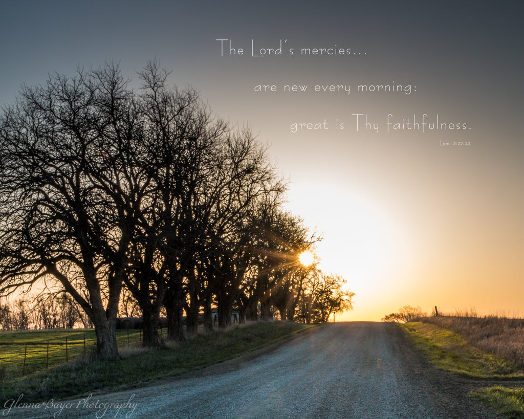 Gravel road and silhouette of trees on a Kansas Morning with scripture verse