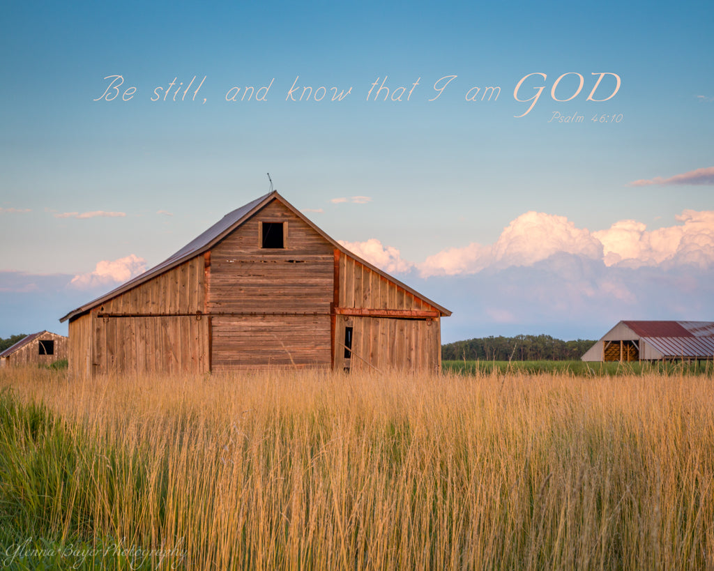 Old wooden barn and wheat field at evening in Kanas with scripture verse