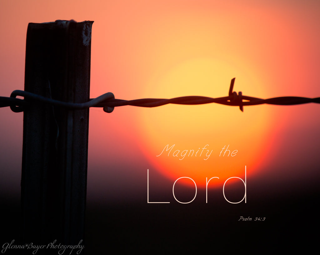 Silhouette of wood fence post and barbed wire against an orange, pink, and purple sunset with scripture verse