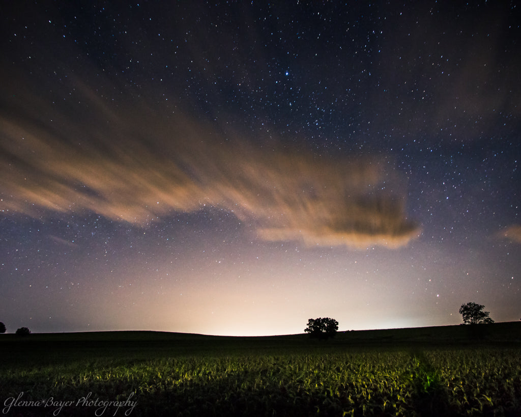 Starry Sky with clouds and silhouettes of trees in Kansas