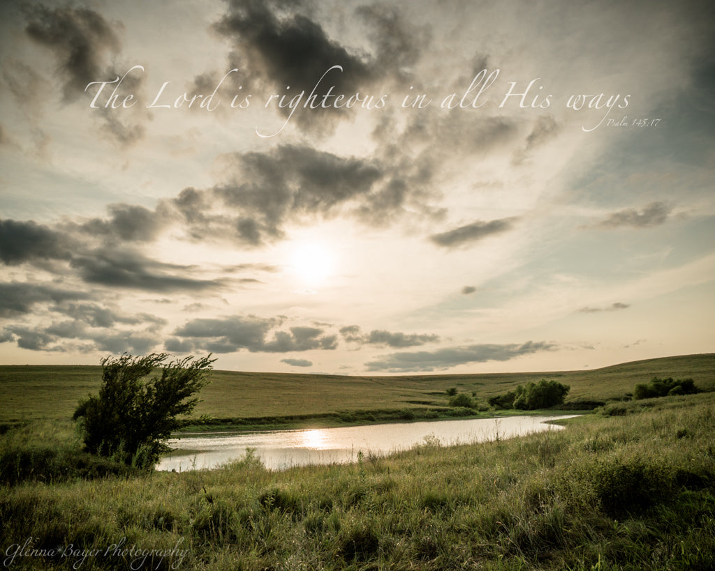 Pond and tree in the landscape of Flint Hills, Kansas with scripture verse