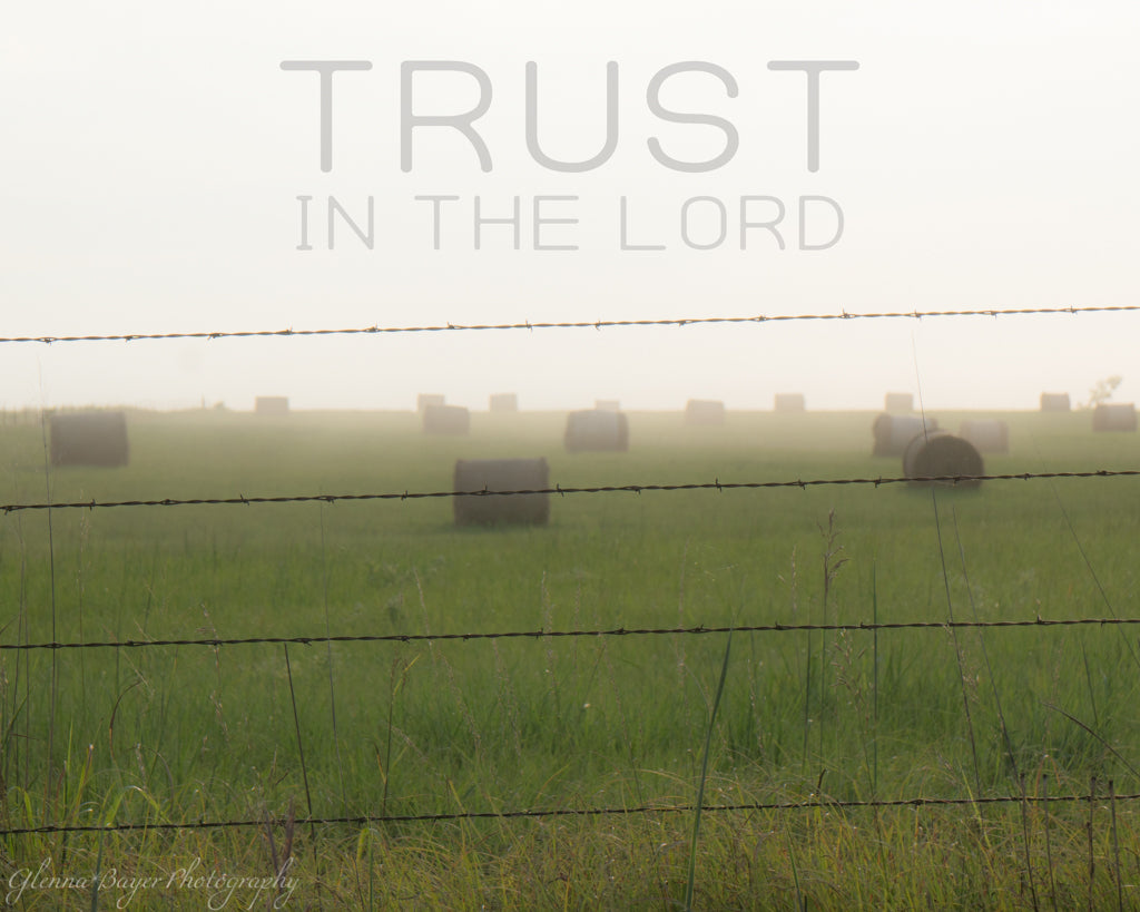 Hay bales in a green field with barbed wire fence on a foggy morning with words &quot;Trust in the Lord&quot;