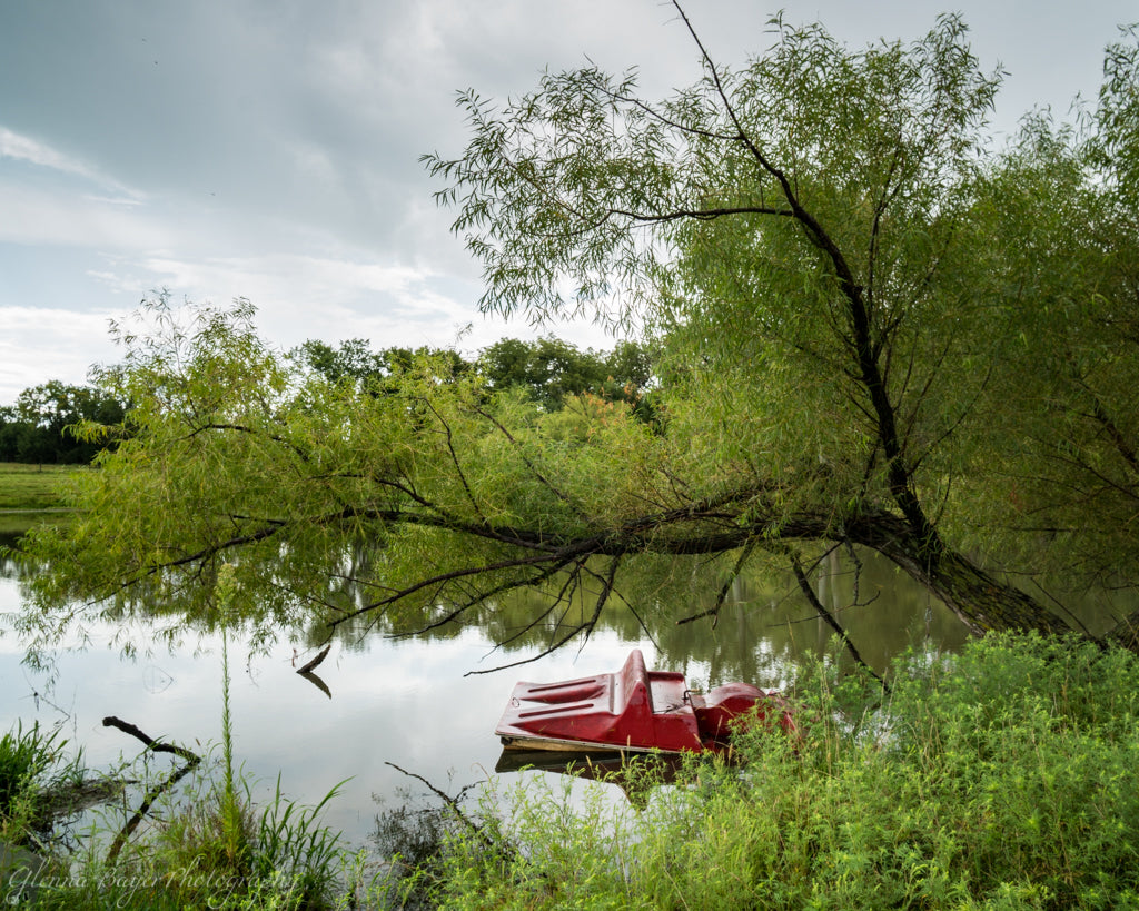 Paddleboat on pond surrounded by trees in Kansas
