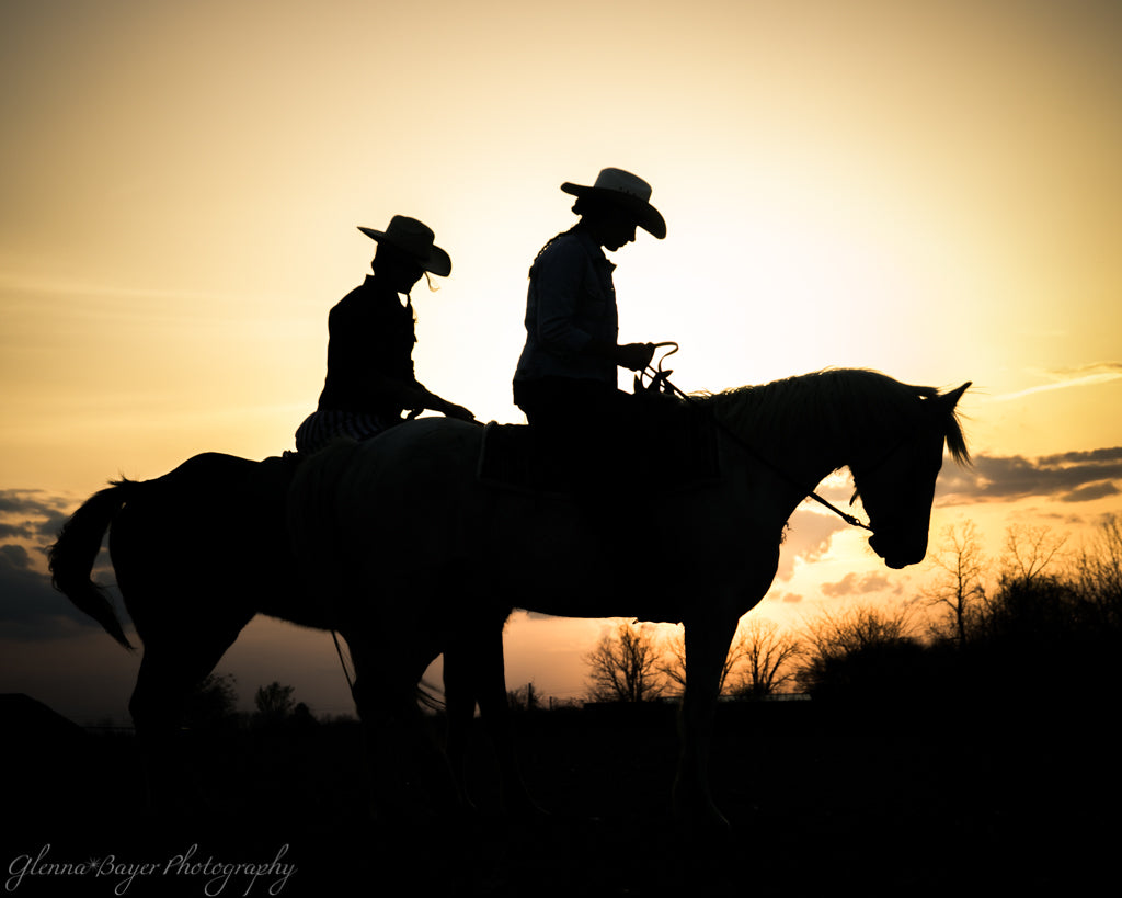 Silhouette of horses and riders at sunset