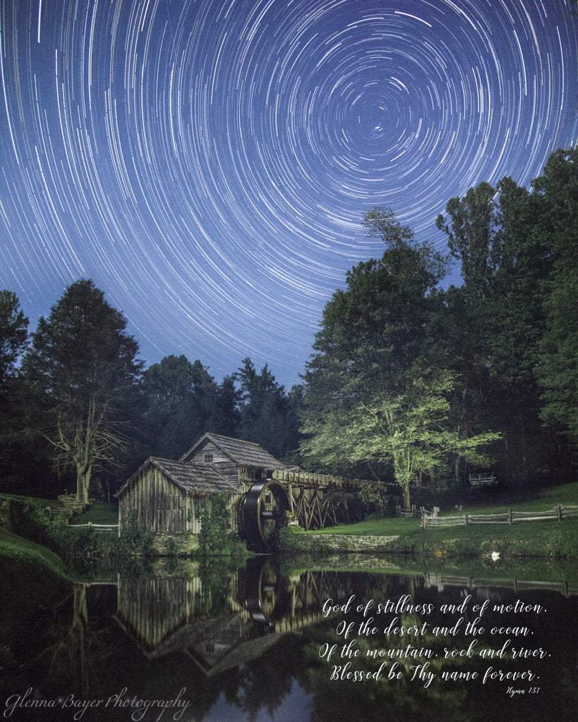 Mabry Mill at night with star trails near Meadows of Dan with song verse