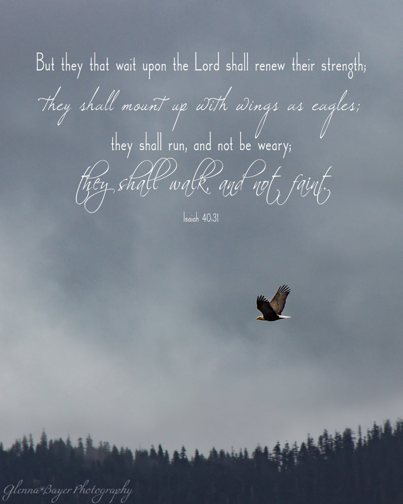 Soaring Eagle over trees on cloudy day with scripture verse