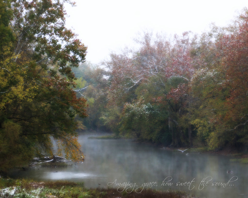 Stillwater River during foggy fall day with song verse