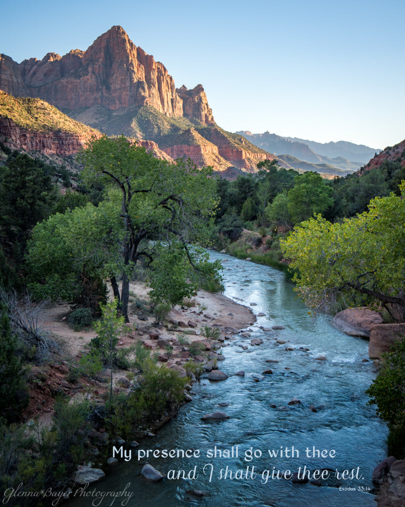 Watchman and river at Zion National Park with scripture verse