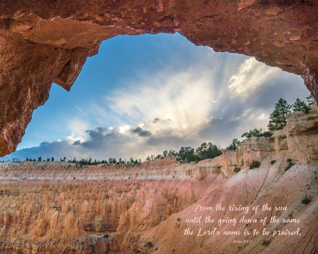 Hoodoos and arch at Bryce Canyon National Park with bible verse.